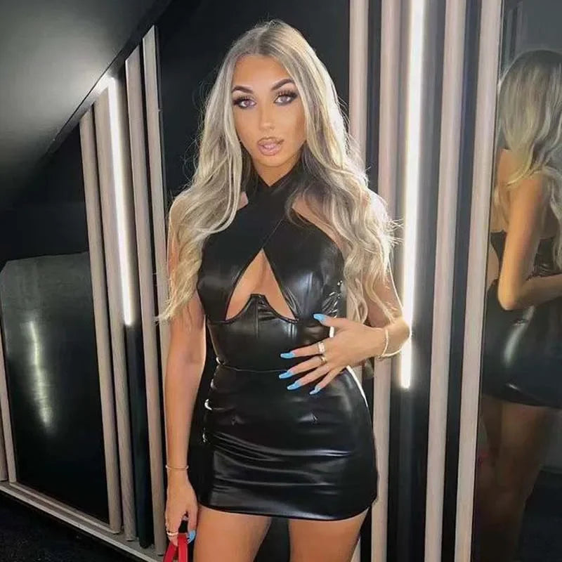 Dam Miniklänning med Syntetiska Läderdetaljer Polyester Pullover-Stil-2