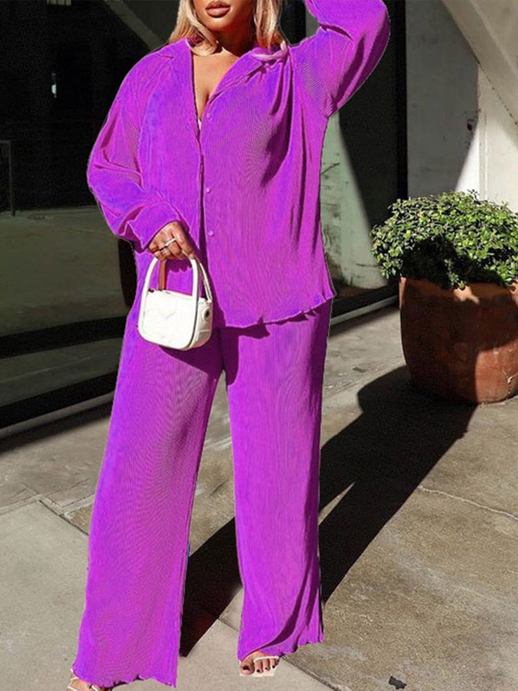 Variant image for Kvinnors Lång Skjorta och Breda Byxor Tvådelad Uppsättning Högkvalitativt Material-6