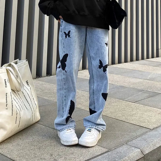 Kvinnor Baggy Jeans FjÀrilstryck 100% Bomull-1