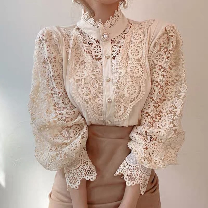 Variant image for Dam Blus Blommönster Polyester och Bomull med Spetsdetalj-4