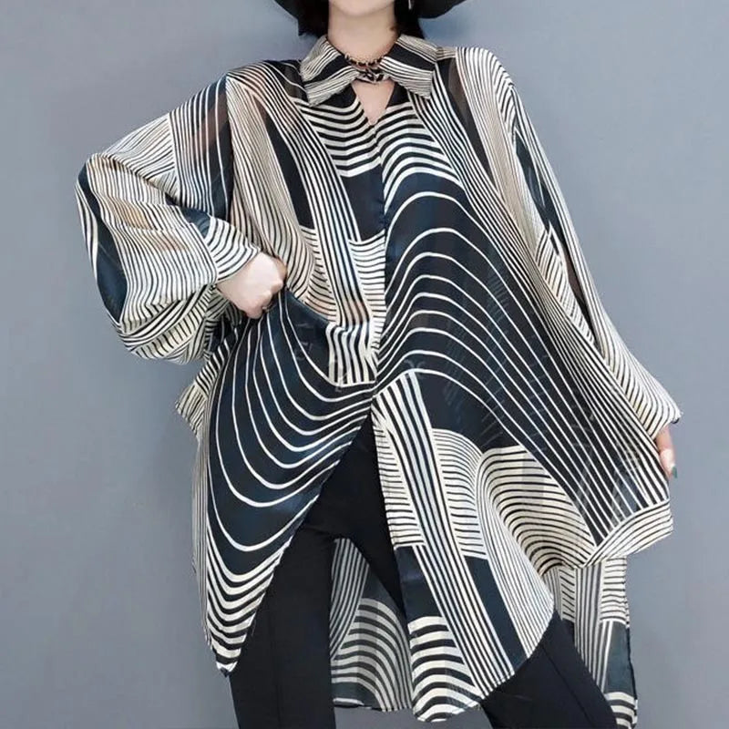 Dam Blus Långärmad Randig Polyester Rayon-3