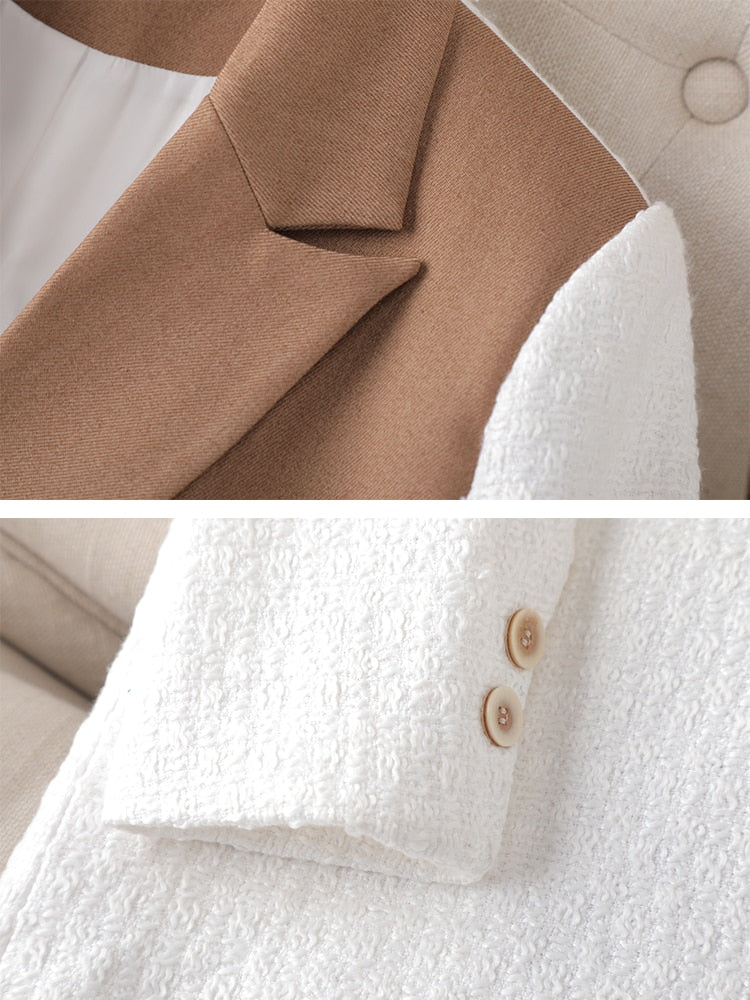 Dam Blazer med Vändkrage i Syntetfiber, Elegant Patchwork Design, Tidlös Full Längd-4