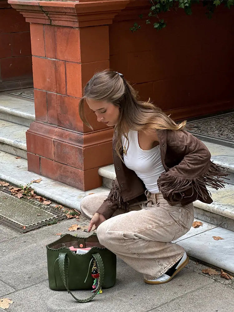 Kvinnors Kappa Färgstarkt Lapel Polyester med Fransar-5