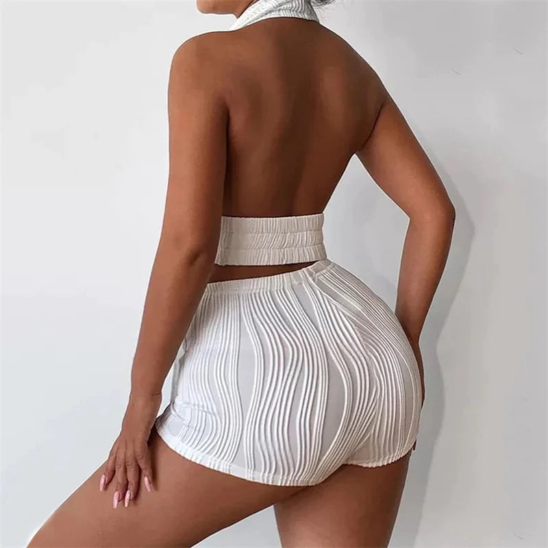Dam Shortsuppsättning V-Hals Elastisk Polyester 2