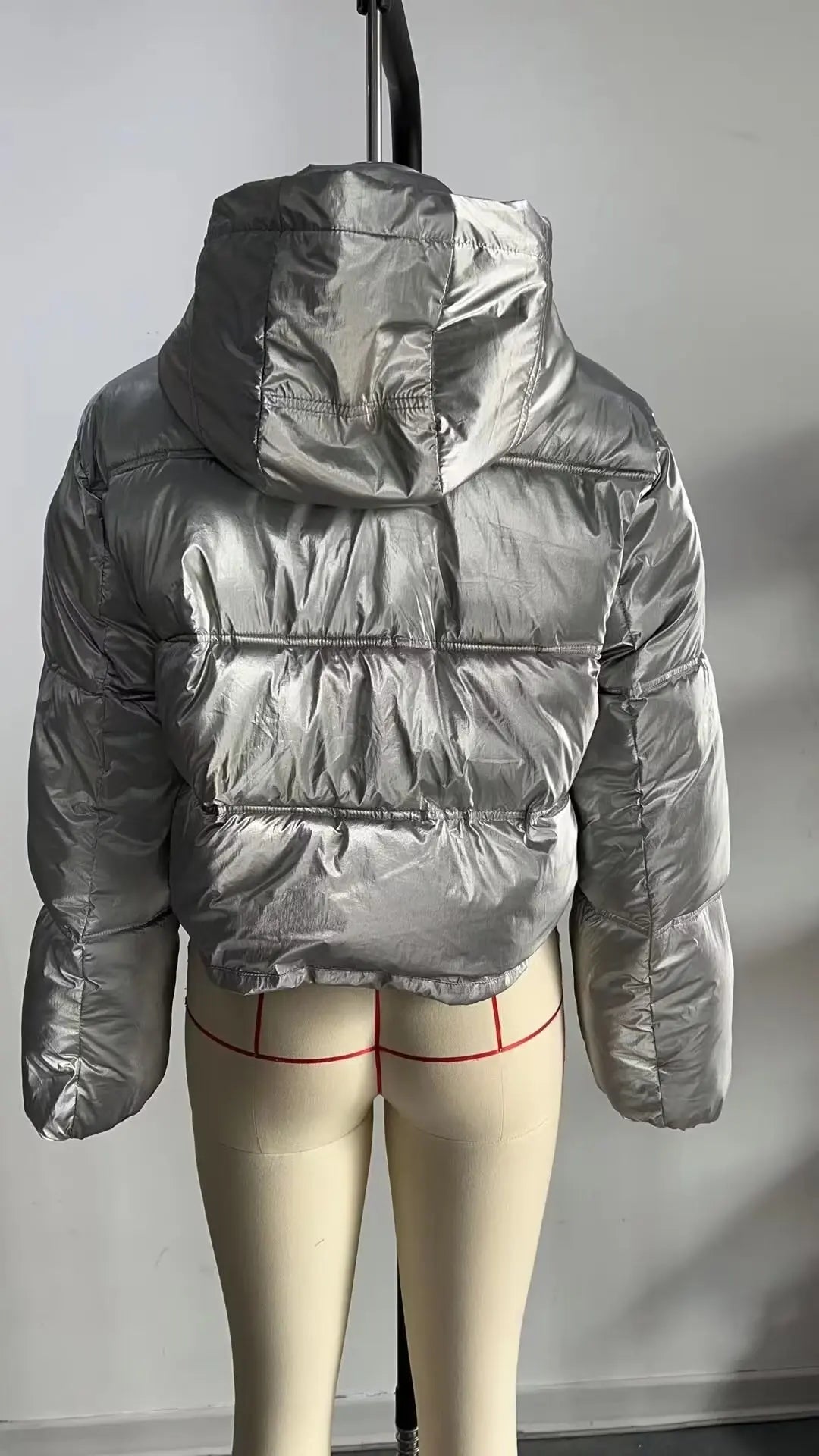 Dam Vinterjacka Lång Metallisk Quiltad med Hög Krage-3