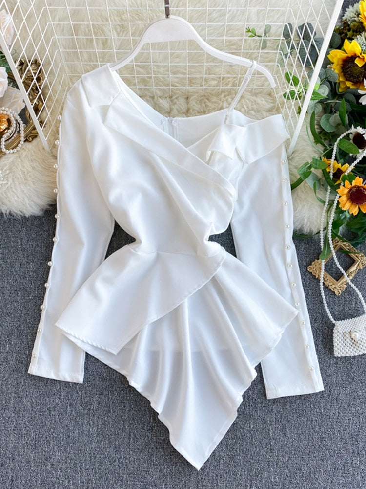 Variant image for Dam Blus Modern Klassisk Monokrom Polyester med Pärldetaljer-2