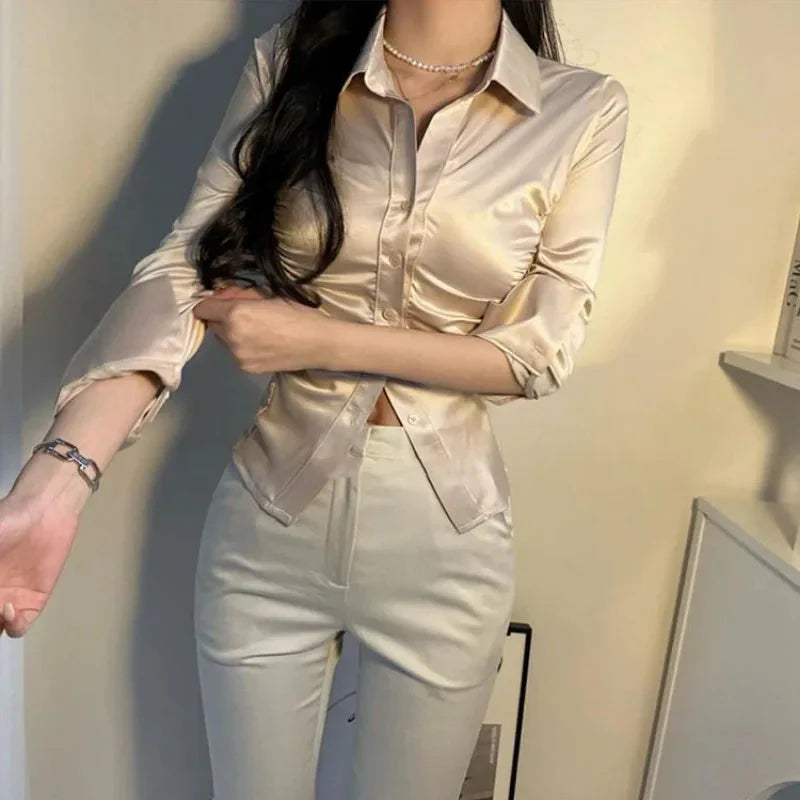 Dam Blus Satin med Ruffles Elegant För Formella Tillfällen-2