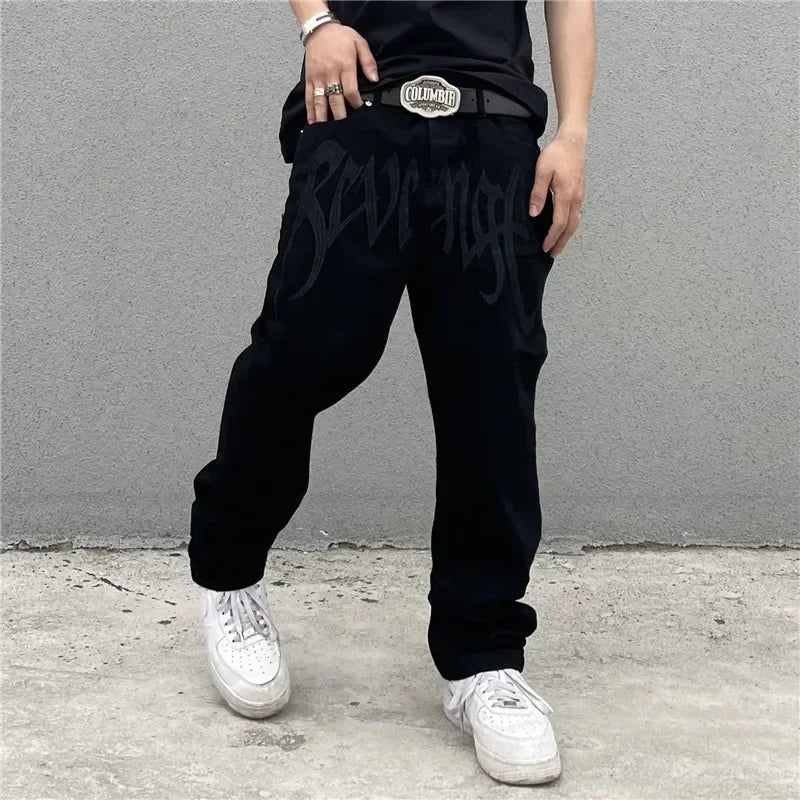 Herr Baggy Jeans med Gotiskt Broderi i Högkvalitativ Denim-5