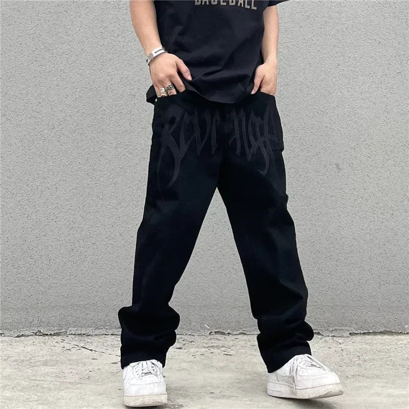 Herr Baggy Jeans med Gotiskt Broderi i Högkvalitativ Denim-3