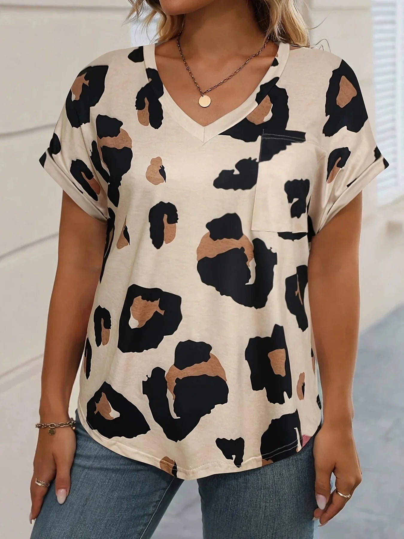 Dam T-shirt V-ringning Leopardmönster 100% Bomull-3