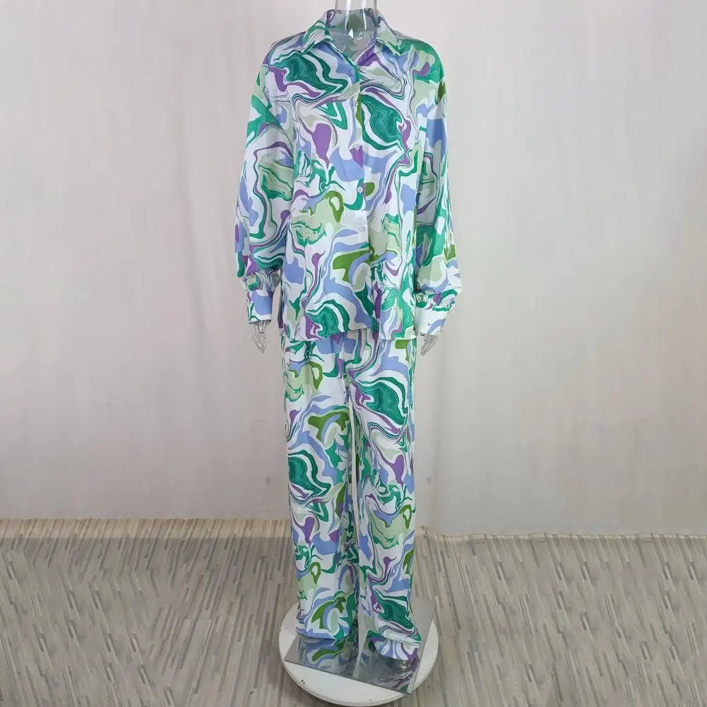 Dam Tvådelad Uppsättning Löst Sittande Polyester med Livligt Tryck-5