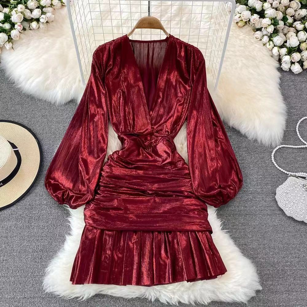 Variant image for Kvinnors Mini Klänning A-Line Polyester Ballongärmar V-ringning-6