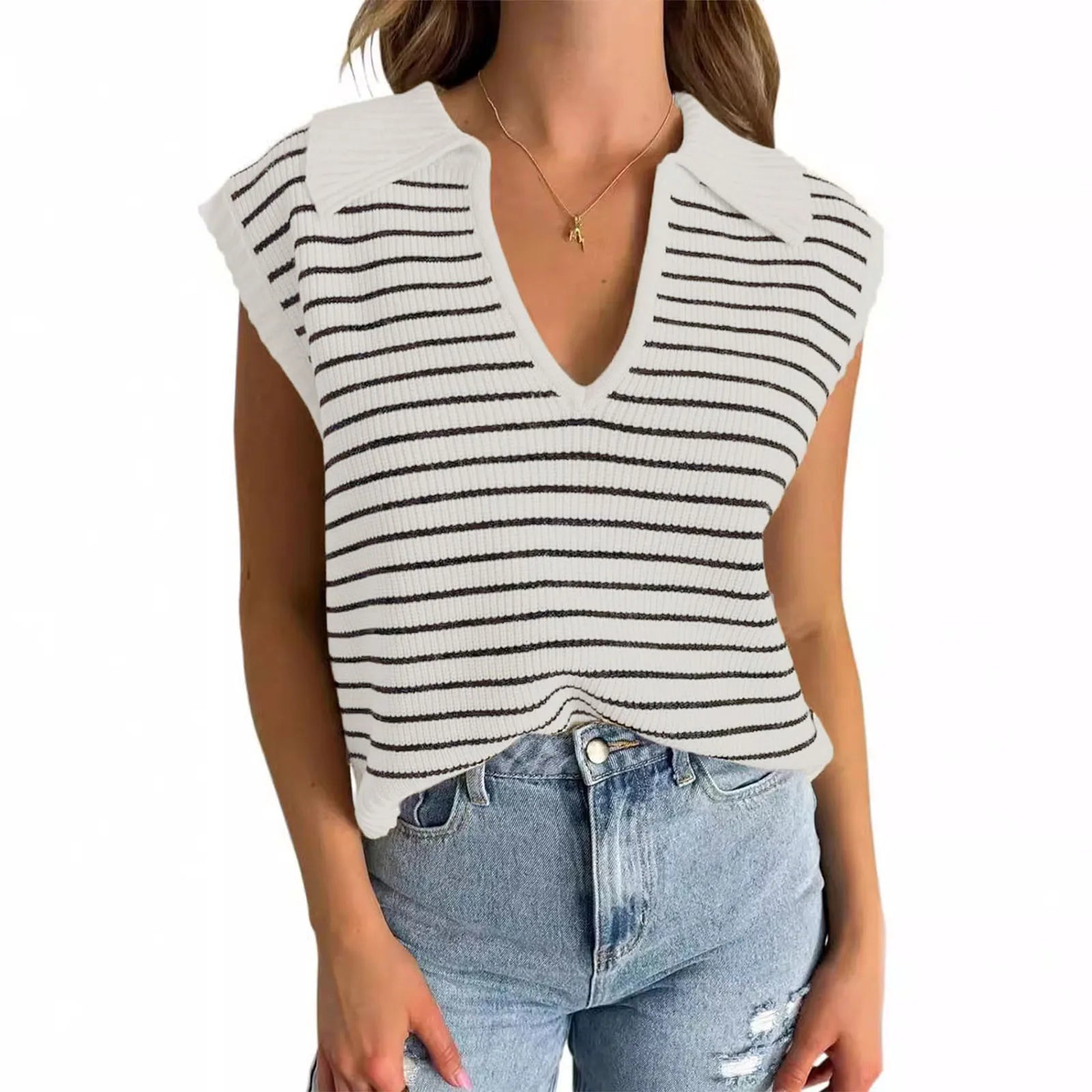 Dam Ärmlös Topp V-ringning Randig Mjuk Stickad-5