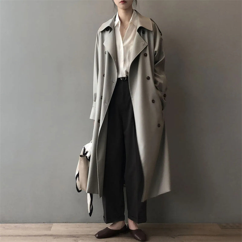 Dam Trenchcoat Överdimensionerad Dubbla Knapprader Vattenavvisande Tyg-2
