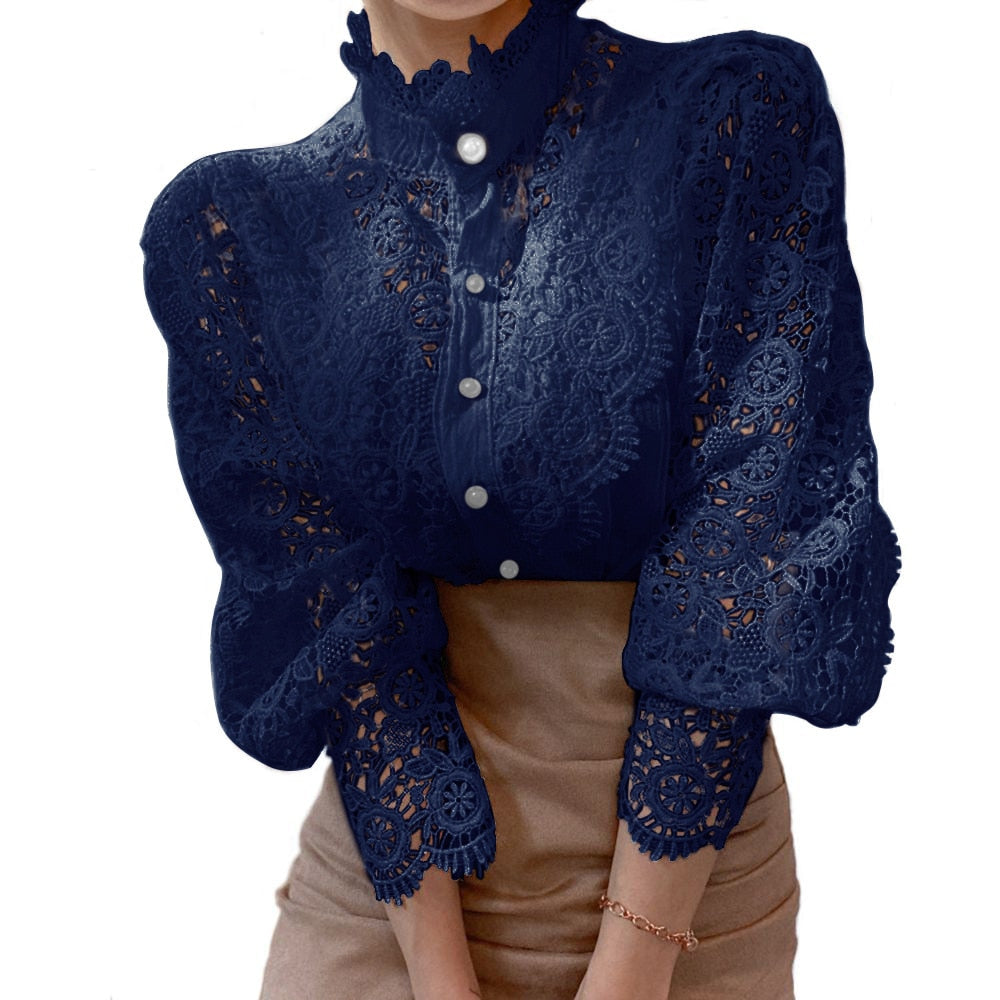 Variant image for Dam Blus Blommönster Polyester och Bomull med Spetsdetalj-7