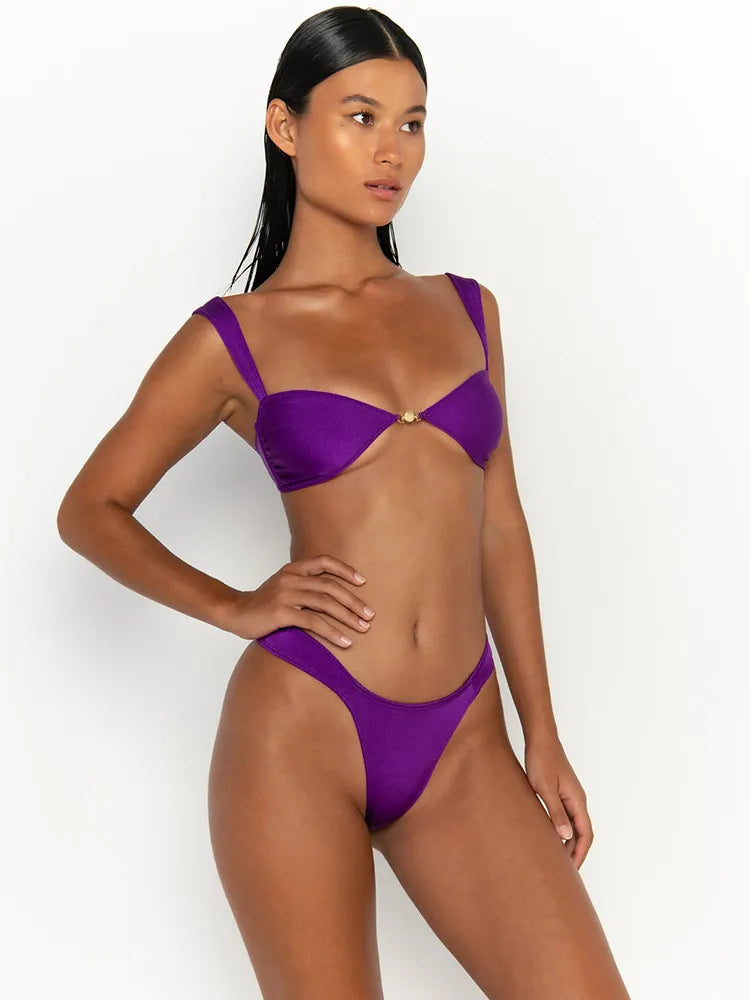 Dam Bikini Låg Midja Enfärgad Polyester-2