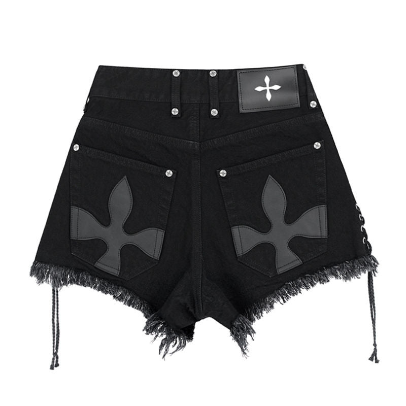 Hög Midja Denim Damshorts med Löst Snitt och Unik Lapptäckedesign – Bekväm och Trendig för Sommaren 8