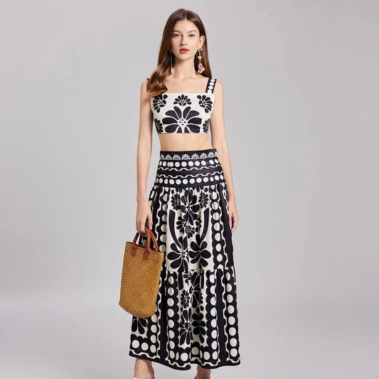 Damernas Sommarklänning Set i Polyester med Kjol och Top Ärmlös Midsommarklänning-1