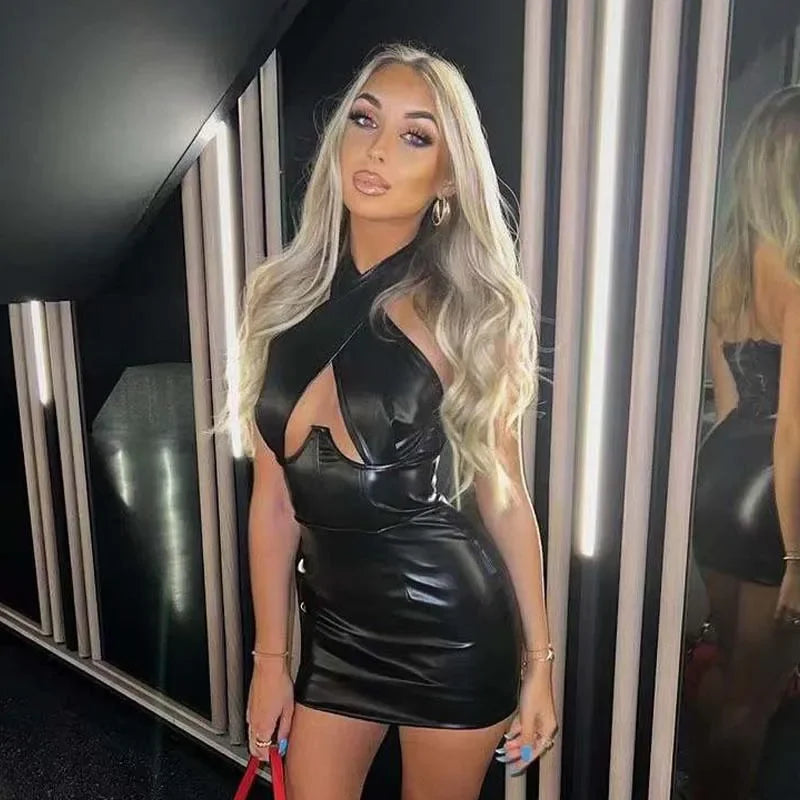 Dam Miniklänning med Syntetiska Läderdetaljer Polyester Pullover-Stil-3