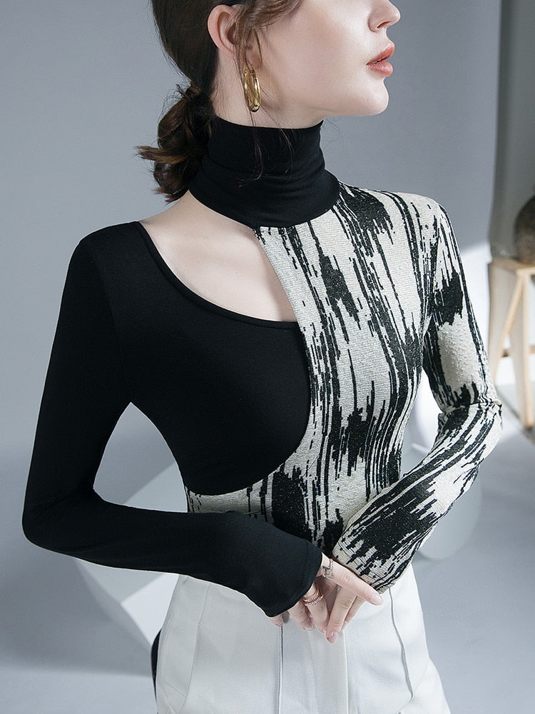 Dam Blus Geometrisk Viskos Semi-Transparent Rollkrage-4