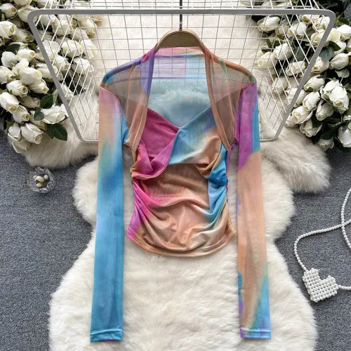 Variant image for Dam Skördetopp Batikdesign V-ringning Blandat Material-7