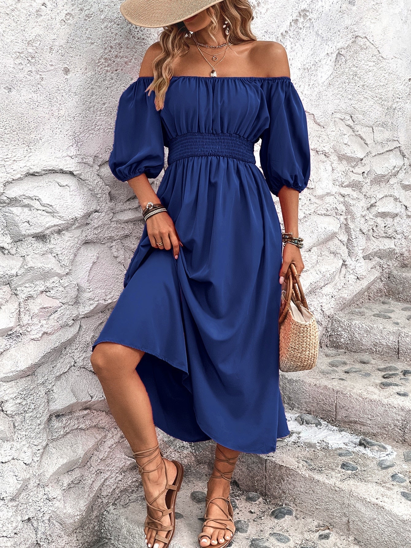 Dam Midiklänning Axelfri Modern Stil i Andningsbart Material-1