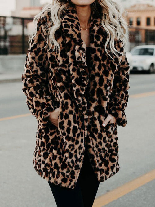 Kvinnors Faux Pälsjacka Leopardmönstrad Höftlängd Lös Passform-1