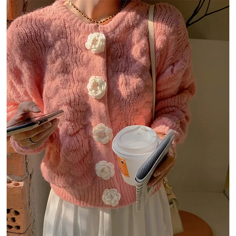 Variant image for Kvinnors Lång Kofta Stickad Ullblandning med Blommaknappar-5