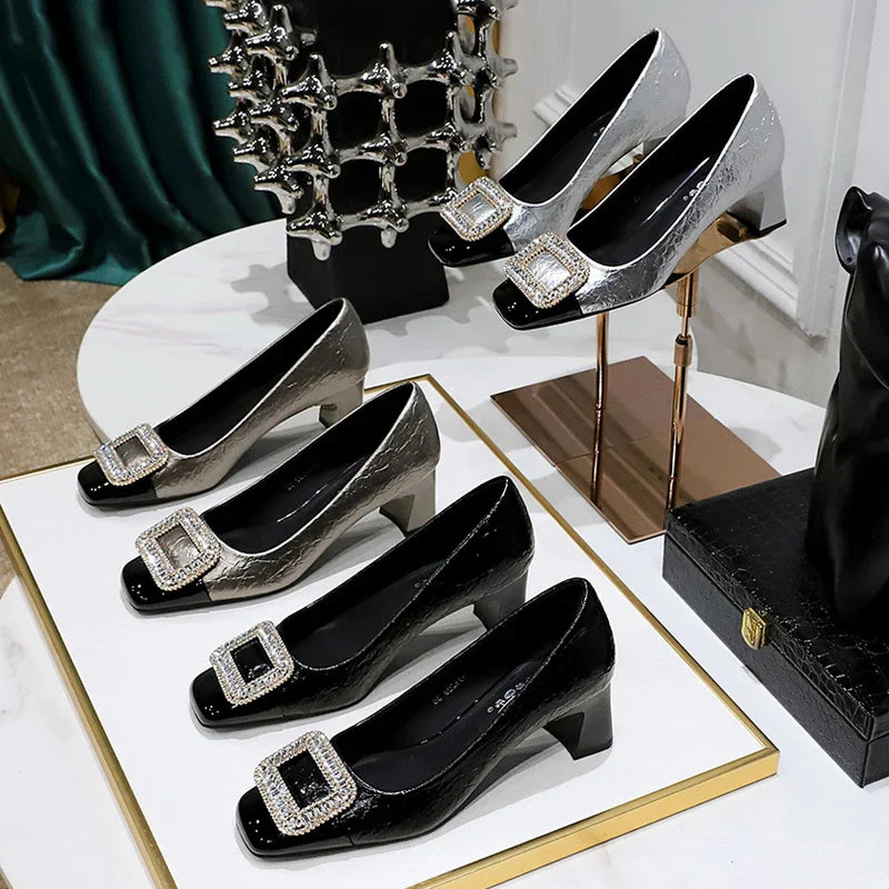 Dam Pumps Fyrkantig Tå PU-Material Elegant Design-2