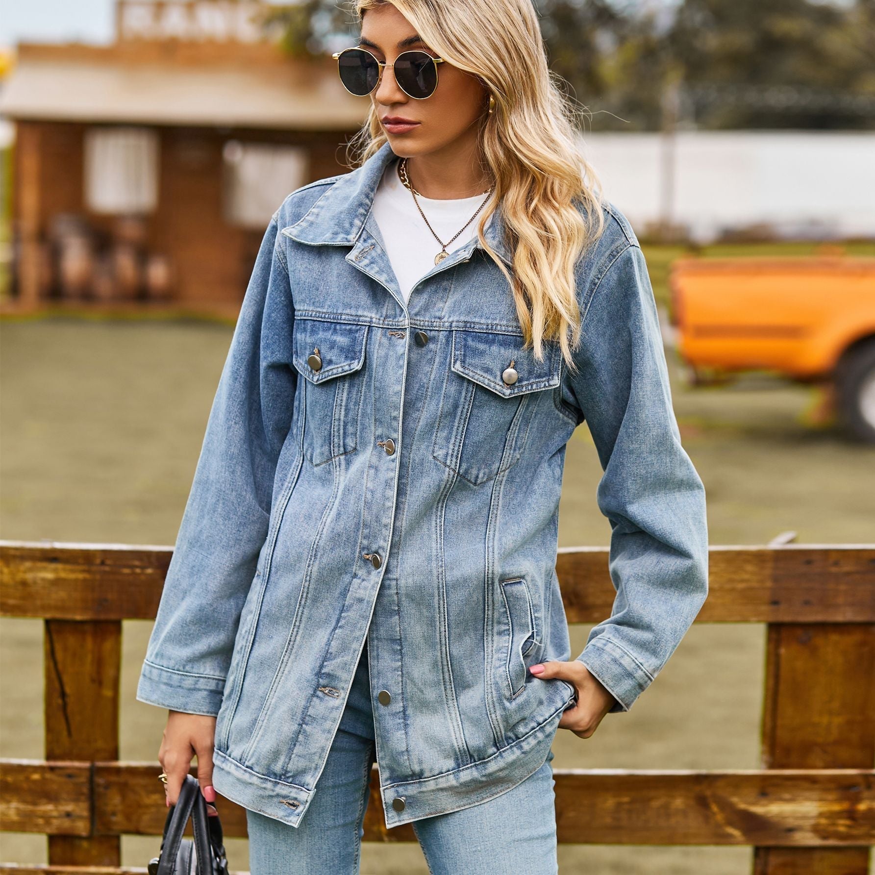 Dam Vintage Denimjacka Knappstängning Denim-3