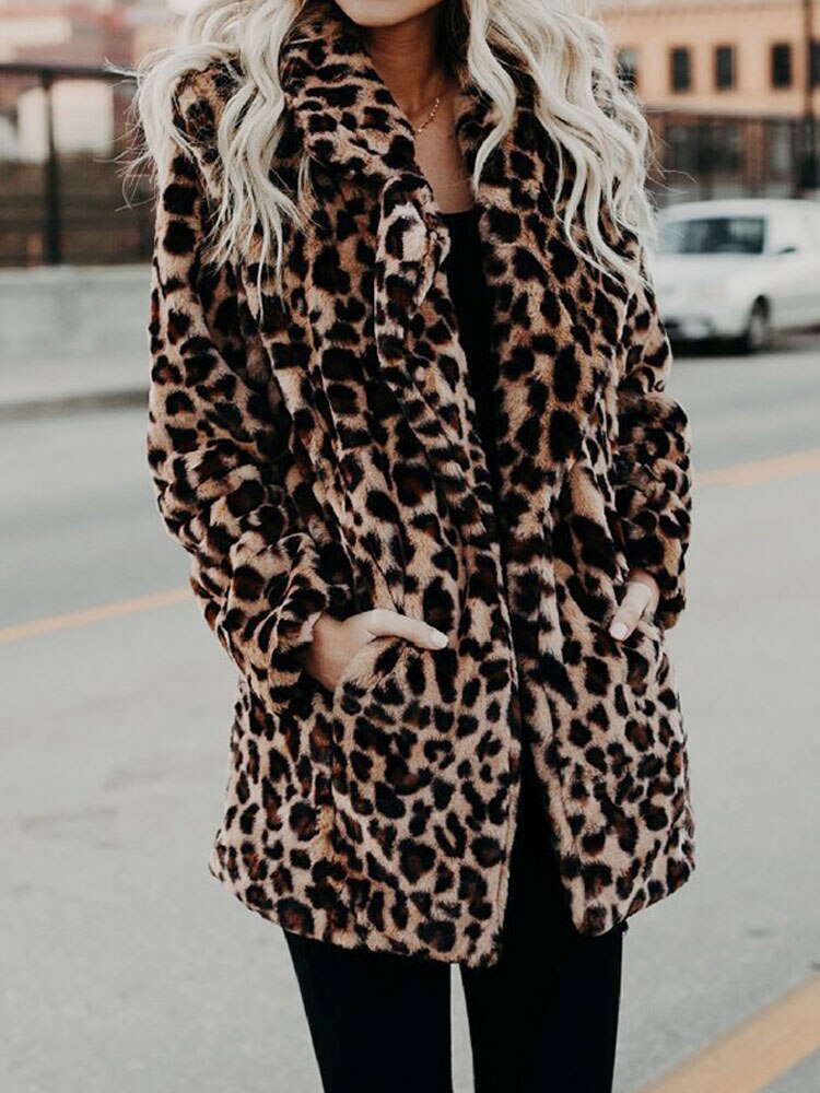 Kvinnors Faux Pälsjacka Leopardmönstrad Höftlängd Lös Passform-5