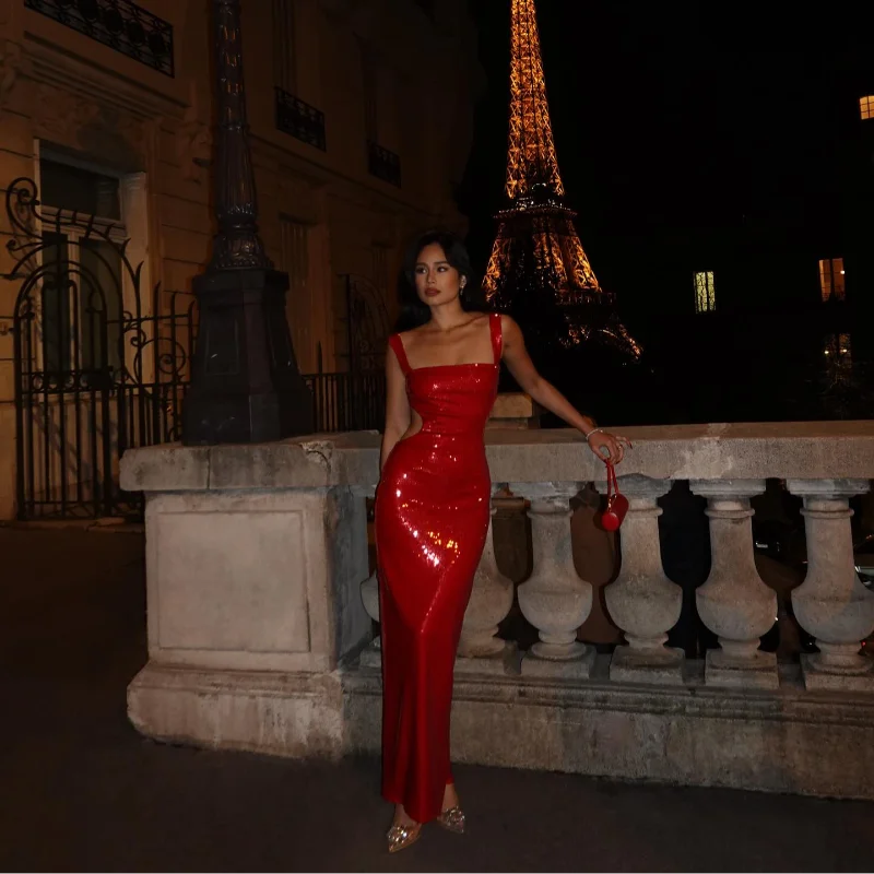 Kvinnors Klänning Spaghetti-bärare Glänsande Tyg-5