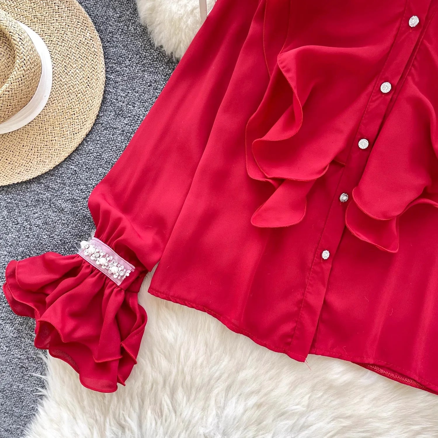 Dam Blus Klassisk Patchwork Polyester Lång Ärm Normal Längd-4