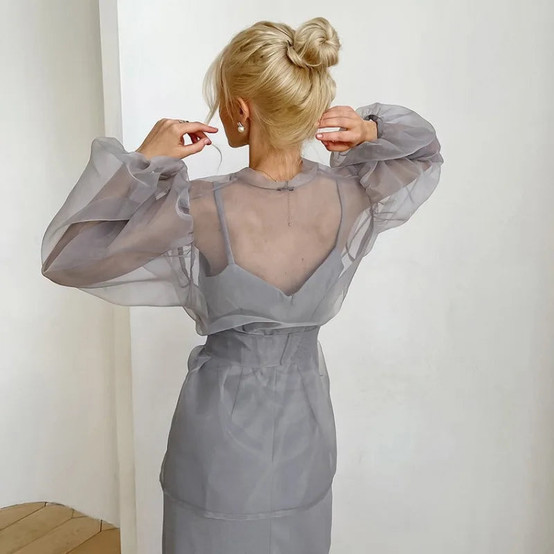Dam Blus Transparent Organza med Länkbälte Elegant Stil-3