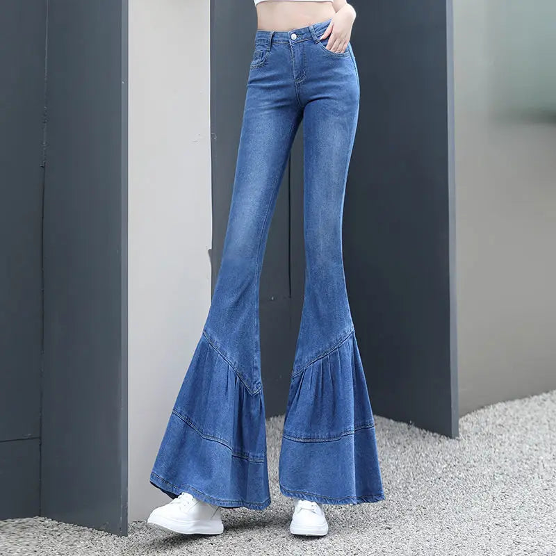 Dam Jeans Hög Midja Schlagjeans Bomull Denim-4
