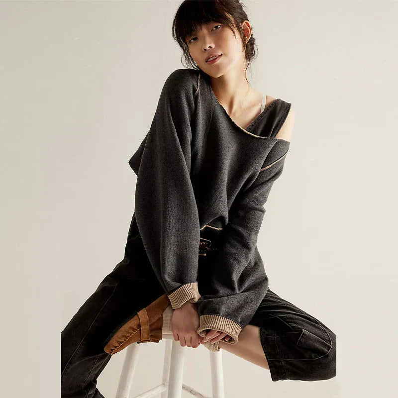 Kvinnors Tröja Rund Hals Långa Ärmar Bomull Reversibel 7