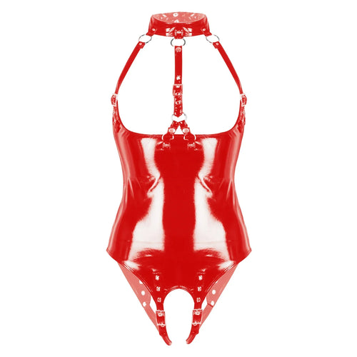 Dam Crotchless Teddy PU-Läder Förförisk Design-1