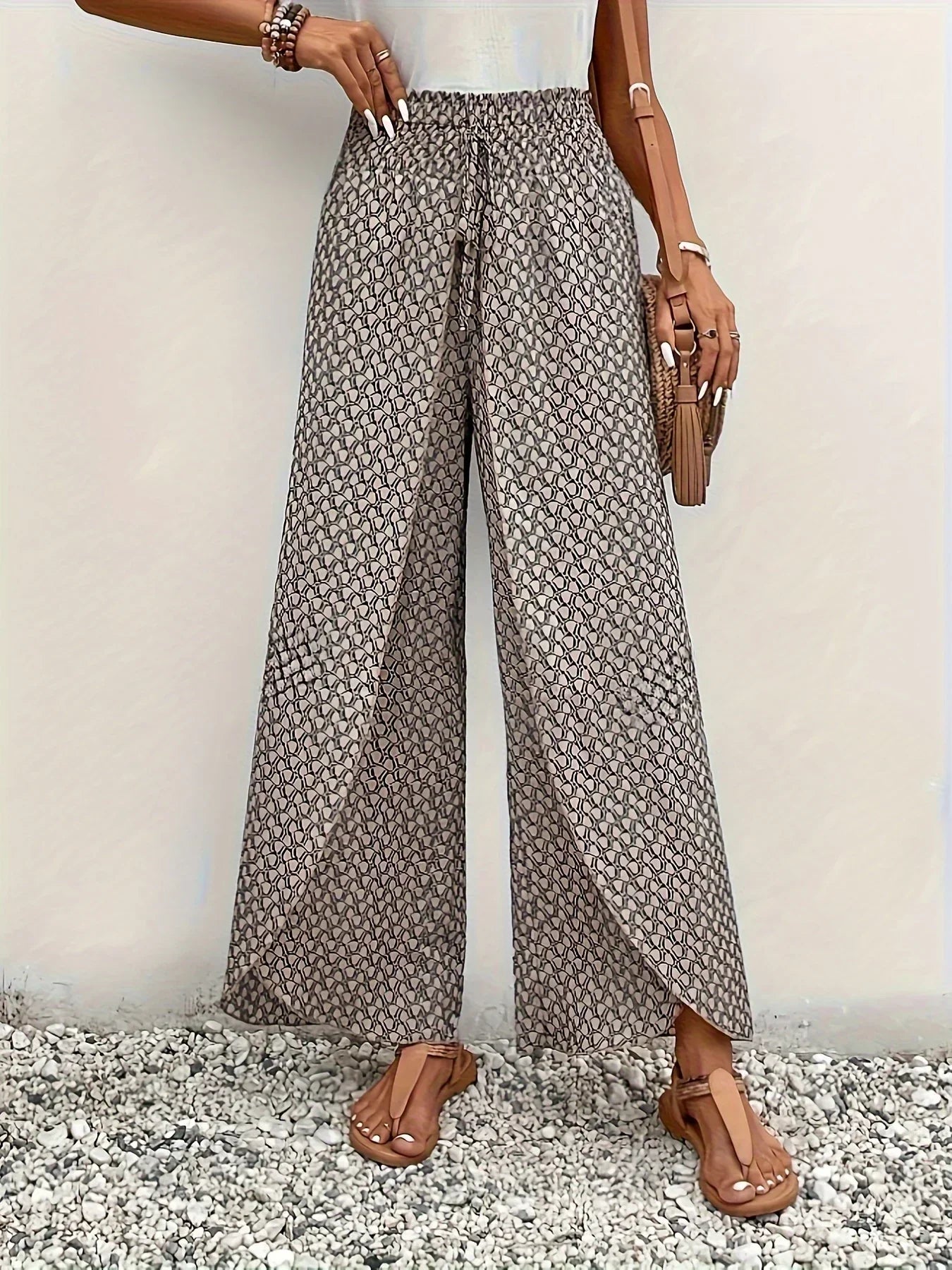 Kvinnors Boho Byxor med Hög Midja och Brett Ben – Lätt Tyg, Löst Sittande, Finns i Storlekar S-2XL 1