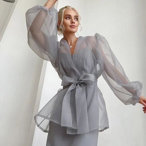 Dam Blus Transparent Organza med Länkbälte Elegant Stil-1