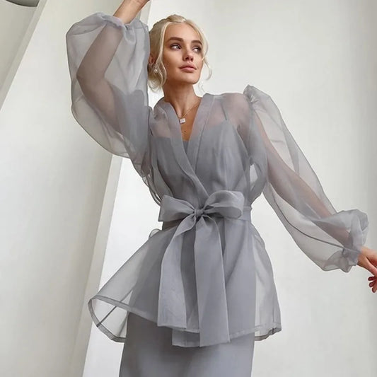 Dam Blus Transparent Organza med LÀnkbÀlte Elegant Stil-1