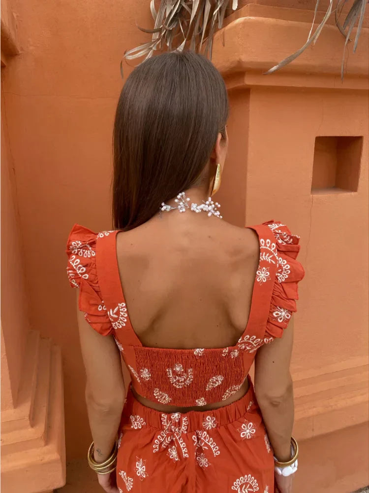 Kvinna Tvådelad Boho Uppsättning Kort Topp Midi Kjol Lätt Andningsbart Tyg-2