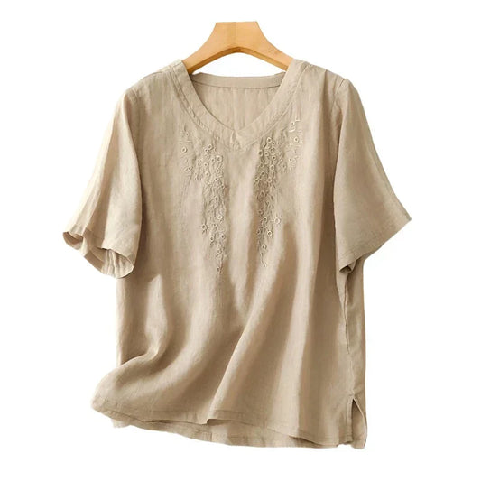 Dam Linneskjorta Broderad LĂ€tt Material-1