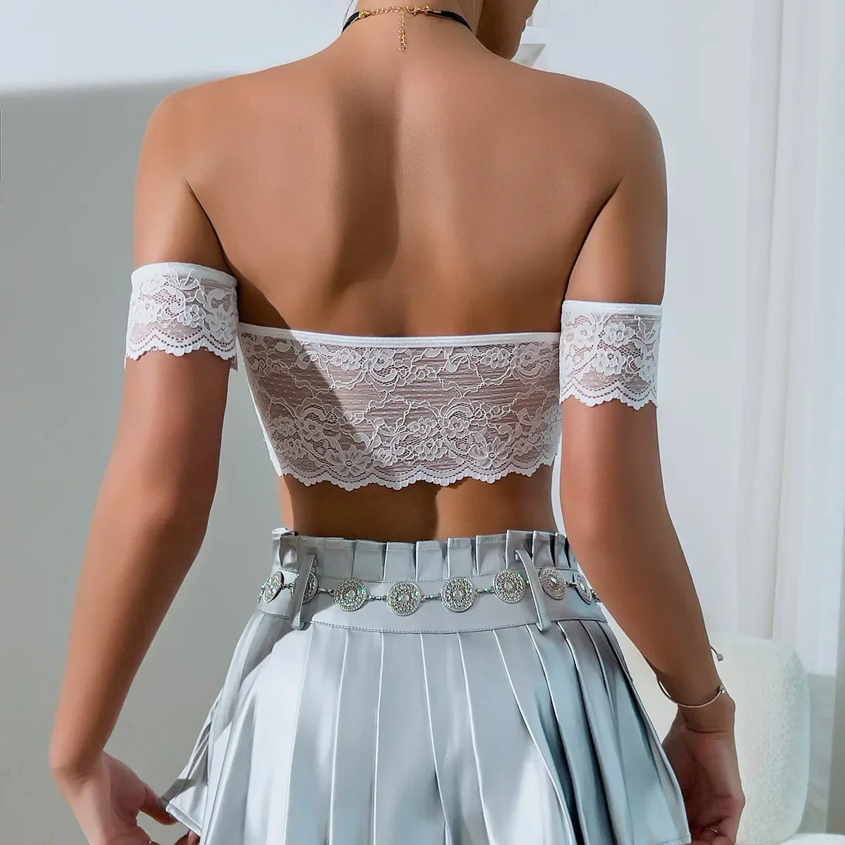 Dam Off Shoulder Festtopp med Spets och Pärldetaljer i Polyester och Spandex-5