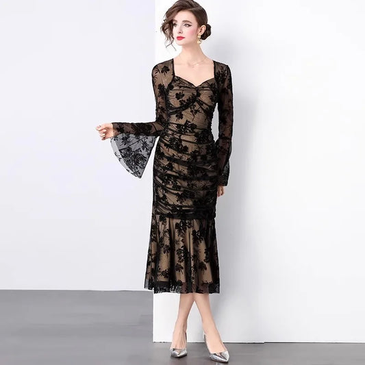 Damklänning Midi Fyrkantig Halsringning Flockad Detalj Bomull Polyester-1