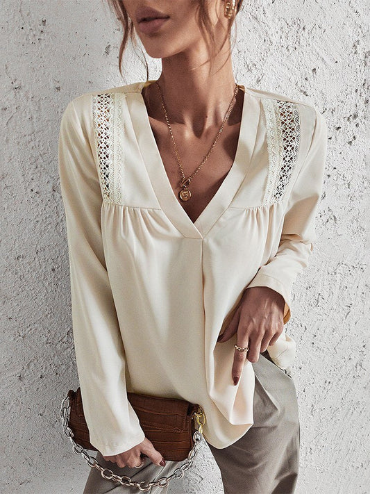 Dam Blus V-ringning Avslappnad Mjuk Bomull-1