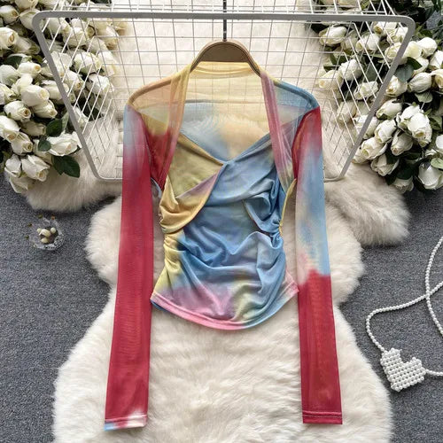 Dam Skördetopp Batikdesign V-ringning Blandat Material-5