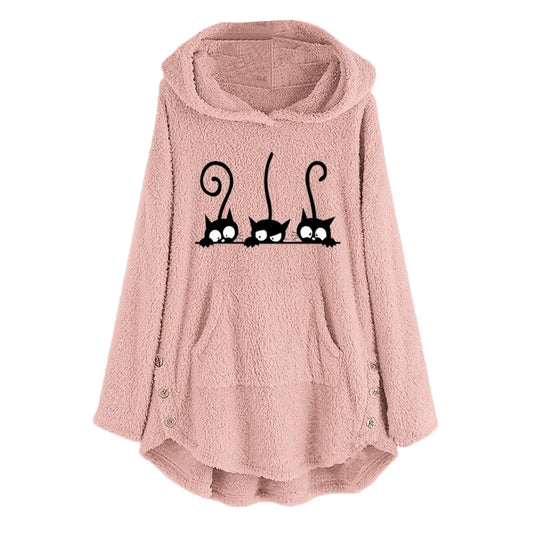 Dam Fleece Hoodie Casual med Kattbroderi-1