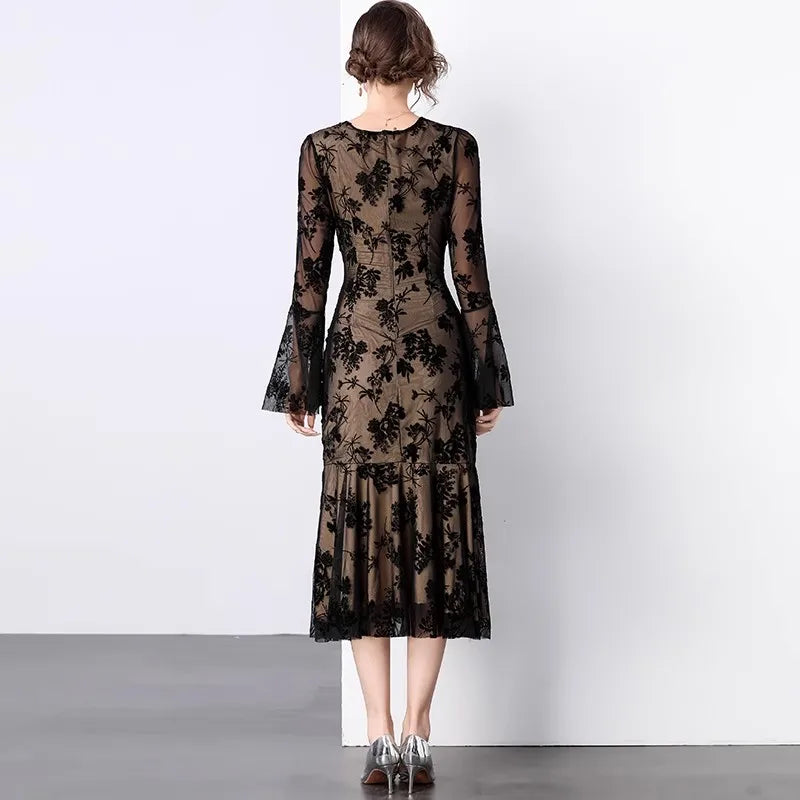 Damklänning Midi Fyrkantig Halsringning Flockad Detalj Bomull Polyester-4