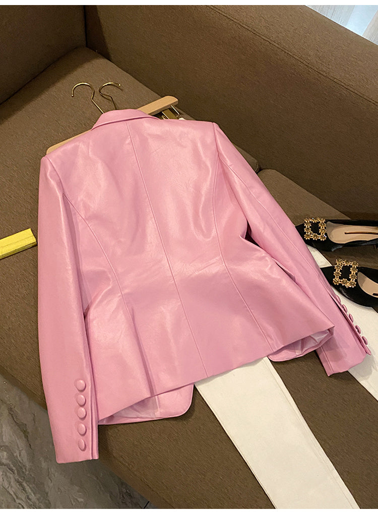 Dam Blazer Trendig Syntetiskt Läder Spetsig Krage Relaxed Fit-3