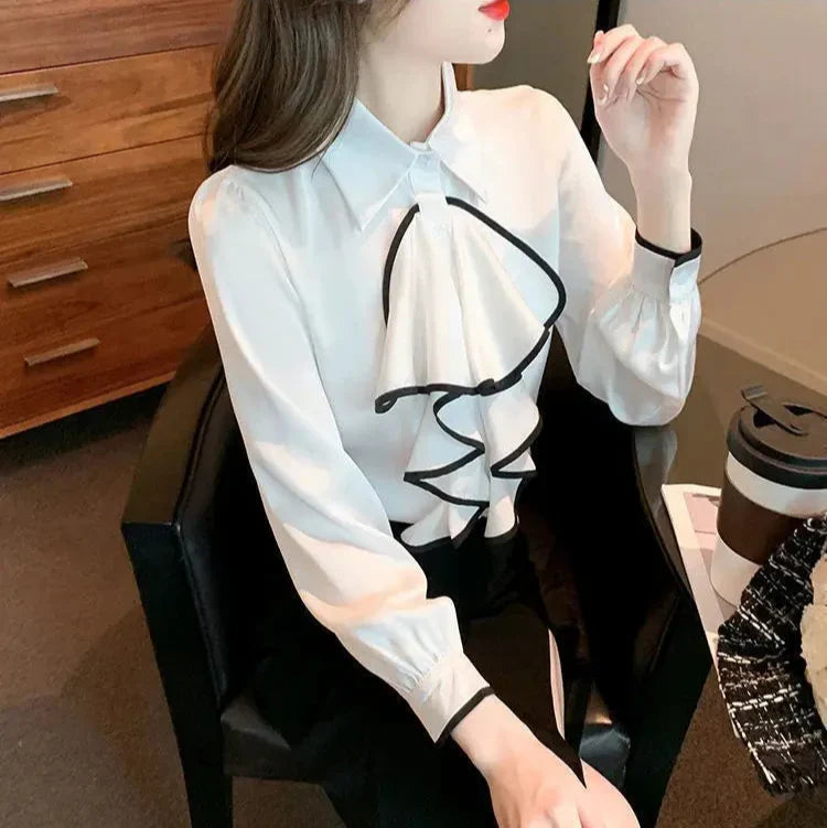 Dam Blus Klassisk Monokrom Polyester Lång Ärme-5